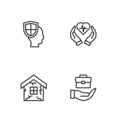 Set line Hand holding briefcase, House, Life insurance with shield and icon. Vector