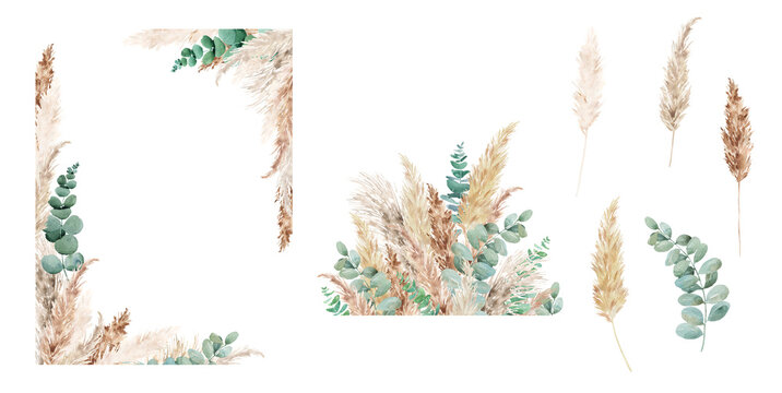 Watercolor pampas grass and eucalyptus  set. Hand painted boho floral neutral colors, sage green border, frame. Botanical elements isolated on white. Bohemian style wedding invitation, greeting, card