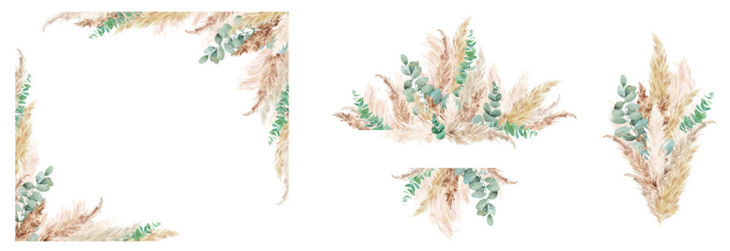 Watercolor pampas grass and eucalyptus  set. Hand painted boho floral neutral colors, sage green border, frame. Botanical elements isolated on white. Bohemian style wedding invitation, greeting, card