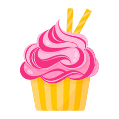 Cupcake or muffin with pink cream and sweet tubules.