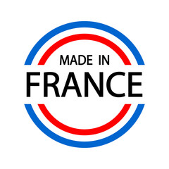 Made in France icon. Round label with French flag. High quality product mark. Glossy sticker. Round icon. Badge. Product of France. Manufactured in Europe.
