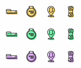 Set line Leather, Tape measure, Round adjustable embroidery hoop and Yarn icon. Vector