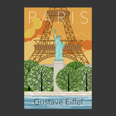 Affiche touristique en hommage à Gustave Eiffel avec la tour Eiffel et une copie de la statue de la Liberté, un lieu symbolique à l’ouest de Paris en France.