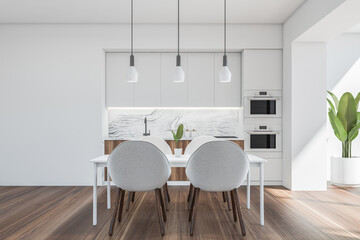 Bright kitchen room interior with empty white wall, four chairs