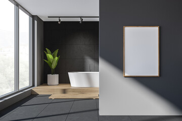 Dark bathroom interior with bathtub near window, mockup poster