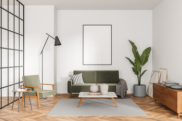 White living room interior with sofa and armchair with coffee table, poster