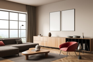 Wooden living room interior with armchair and couch, drawer and mockup posters
