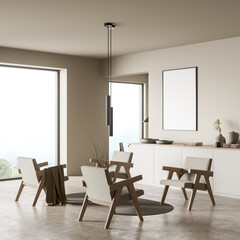 Bright waiting room interior with empty white poster, panoramic window