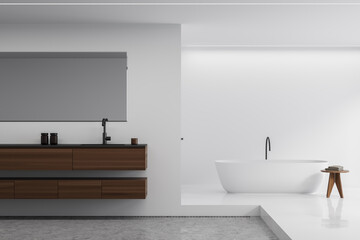 White bathroom with wood shelf vanity