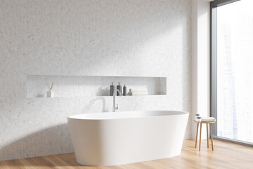 Naklejka na ściany i meble Light bathroom interior with bathtub on parquet floor, window