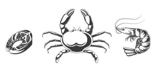 Seafood sketch engraving. Shrimp, crab salmon  Sea cuisine - 470474827