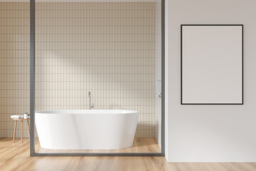 Naklejka na ściany i meble Wooden bathroom interior with bathtub on parquet floor. Mockup poster