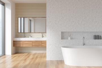 Naklejka na ściany i meble Light bathroom interior with bathtub and two sinks, window