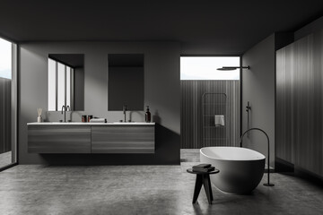 Fototapeta na wymiar Dark bathroom interior with bathtub and two sinks, shower and towel ladder