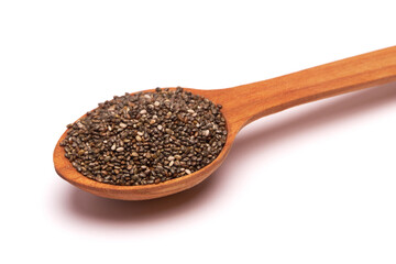 Wooden spoon of organic natural chia seeds close-up isolated