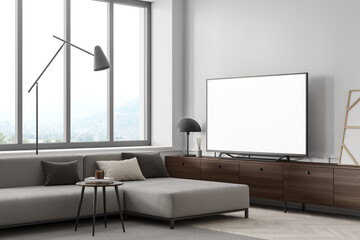 Living room interior with sofa and window, television mockup screen