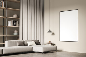Beige living room interior with sofa and shelf with decoration, mockup poster