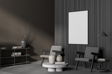 Wall mockup in grey and brown living room with armchairs. Corner view.