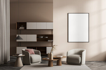 Light living room interior with armchairs on carpet and shelf, mockup poster