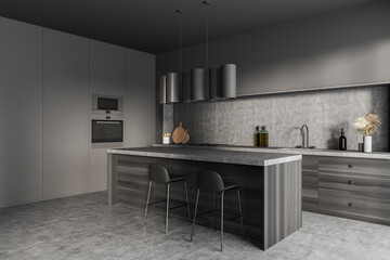 Grey minimalist kitchen space with breakfast bar. Corner view.