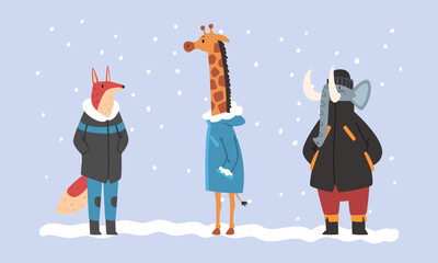 Animals Wearing Warm Winter Clothes Walking in Snowy Weather Vector Set