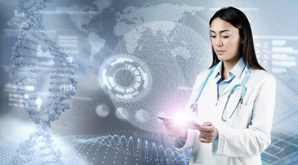 Female doctor specialist in genetics using digital tablet and analyzing a 3D illustration of DNA helix structure. Mixed media. Medical technology research and innovation concept.