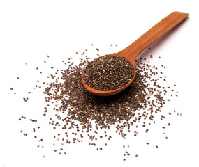 Wooden spoon of organic natural chia seeds close-up isolated