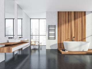 Fototapeta na wymiar White and grey bathroom space with wood details
