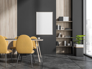 Canvas in modern grey office dining room with yellow chairs