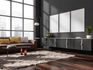 Dark living room interior with sofa and drawer, window and mockup posters