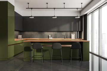 Dark kitchen room interior with green bar counter, three barstools