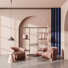 Pink relaxing room interior with two armchairs and rack with decoration