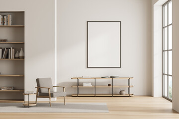 Bright living room interior with empty white poster, panoramic window