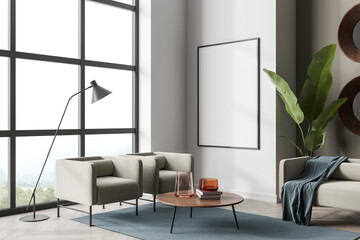 Light guest room interior with armchairs and sofa near window, mockup poster