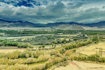 Fototapeta na wymiar Aerial view of Leh City, green landscape with ice peaks , blue sky with clouds in background , Ladakh, Jammu and Kashmir, India.