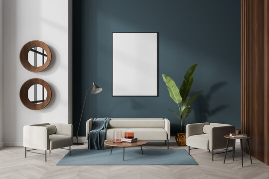 Light guest room interior with two armchairs and sofa, mockup poster