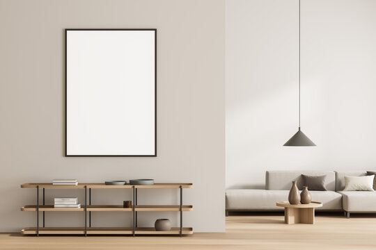 Bright living room interior with empty white poster, sofa, shelves