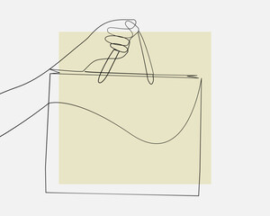 Continuous line, Woman hand holding shopping bags. Drawing of set Sale. (Vector illustration one line drawing)