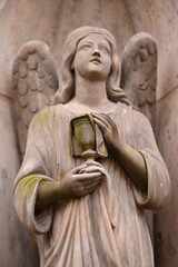 The chalice of life in the hand of an angel. A weathered angel, made of sandstone on an old...