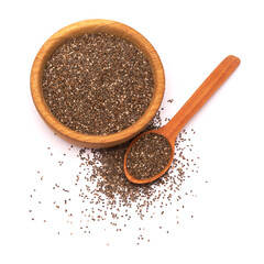 Wooden bowl of organic natural chia seeds close-up isolated