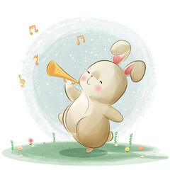 Cute bunny playing music trumpet