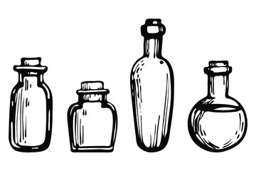 collection of 4 isolated magic potion glass bottles. glass flask, chemistry, science, magic, poison, potion. cute children illustration style. set of separated objects on a white background