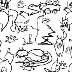 Hand Drawn Children scribbles, Seamless pattern with abstract Cats scribbles, Crayon Tiled Background, Kid pencil drawing, Cat sketch texture, Children doodle Black and white chalk on white background