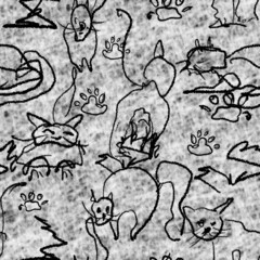 Hand Drawn Children scribbles, Seamless pattern with abstract Cats scribbles, Crayon Tiled Background, Kid pencil drawing, Cats sketch texture, Children doodle Black and white chalk on gray background