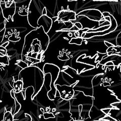 Hand Drawn Children scribbles, Seamless pattern with abstract Cats scribble, Crayon Tiled Background, Kid pencil drawing, Cats sketch texture, Children doodle Black and white chalk on black background