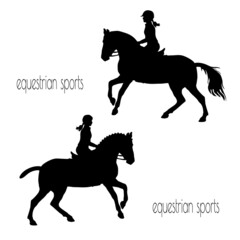 black silhouettes isolated on a white background, equestrian, girl on a horse