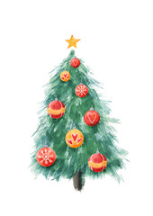 Obraz premium Watercolor Christmas tree with star and balls isolated on white background. Design of Christmas cards, invitations,banners, flyers, print.