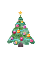 Watercolor Christmas tree with star and balls isolated on white background. Design of Christmas cards, invitations,banners, flyers, print.