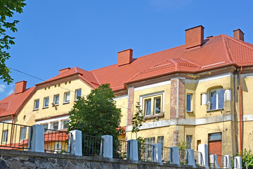 Detail of a high school building (formerly Lauken Castle) on a summer day. Saranskoye village, Kaliningrad region