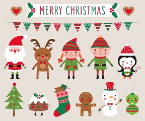 Christmas vector clip art (Santa Claus, elves, deer, holiday decoration)